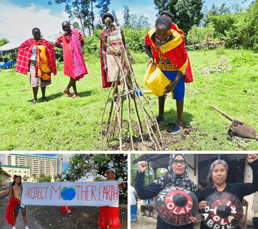 Photos: (top) Noormishuki Chesingei watches as a woman she is trainer plants a sapling. (bottom left) Moneka de Oro and colleague hold a sign advocating to protect Mother Earth. (bottom right) Raihal Fajri and colleague protest a cement factory.