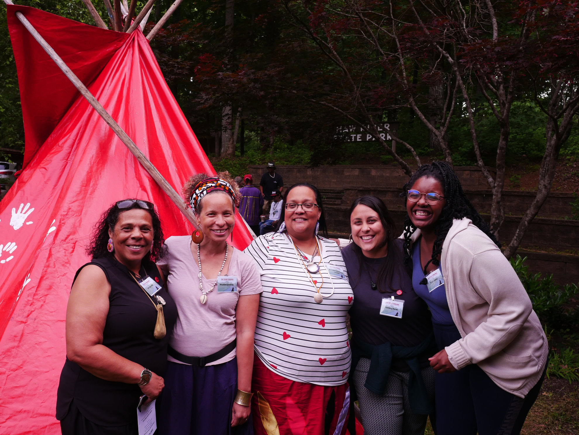 The WEA team convenes with U.S. Accelerator Alumni at the Yesah Tribunal. L-R: Jane Jacobs, Phoebe Gooding, Crystal Cavalier-Keck, Daniela Perez, Kiya Leake.